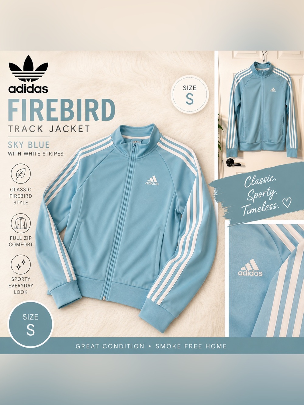 adidas Sky Blue Zip-Up Track Jacket with White Stripes